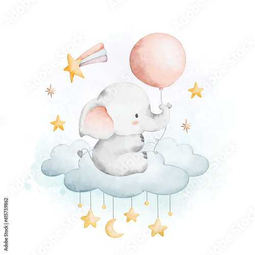 Watercolor illustration baby elephant and balloon sits on cloud with stars