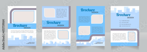 Clean urban transport blue blank brochure design. Template set with copy space for text. Premade corporate reports collection. Editable 4 pages. Lobster Regular, Nunito SemiBold, Light fonts used