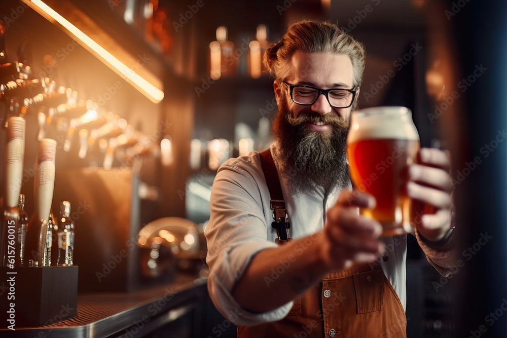 Small Business Male Owner Pouring Signature Brew in Futuristic Craft Brewery/ Generative AI.