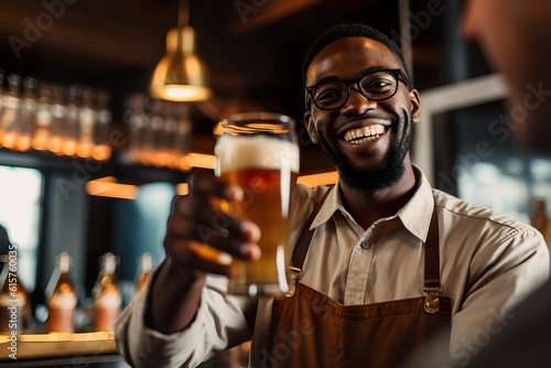 Small Business Male Owner Pouring Signature Brew in Futuristic Craft Brewery/ Generative AI.