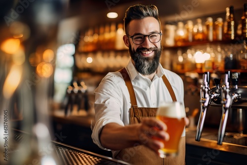 Small Business Male Owner Pouring Signature Brew in Futuristic Craft Brewery/ Generative AI.