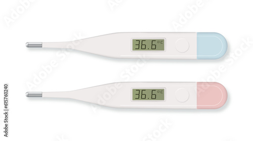 Celsius electronic medical thermometer for measuring set closeupisolated. Fever normal 36.6. Design template of digital thermometer showing temperature. Top view3d realistic.Vector