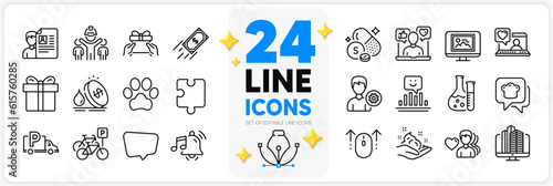 Icons set of Puzzle, Chat message and Smile line icons pack for app with Truck parking, Fast payment, Sulfur mineral thin outline icon. Photo thumbnail, Social media, Dog paw pictogram. Vector