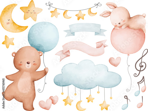 Watercolor illustration set of baby animals and balloon