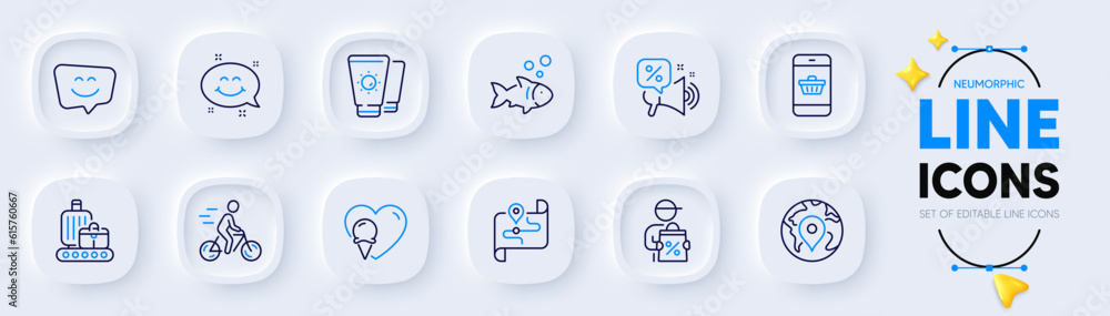 Fish, Cyclist and Pin line icons for web app. Pack of Discounts offer, Baggage belt, Smartphone buying pictogram icons. Ice cream, Smile face, Sunscreen signs. Map, Smile chat. Vector