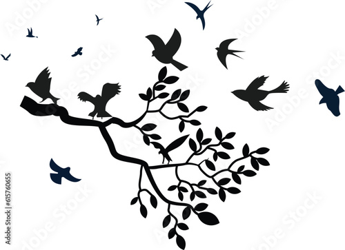 Tree branch with leaves, birds perched and flying with black and white silhouette - wall decals