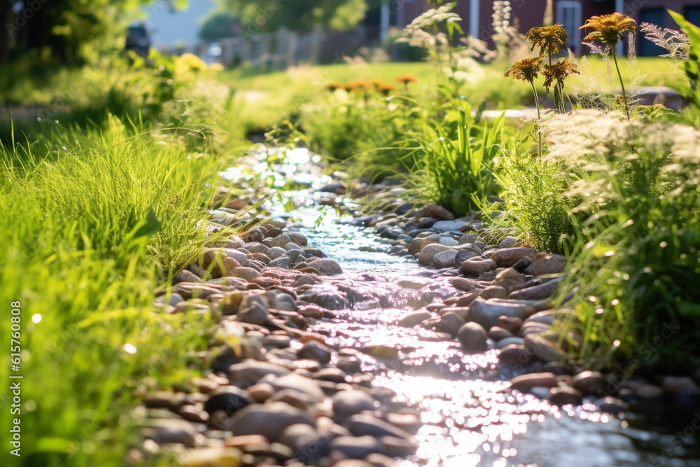 Rain Garden Capturing And Filtering Stormwater Runoff, Natural Climate 