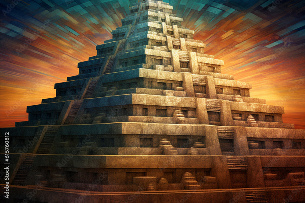 An abstract depiction of an ancient Sumerian ziggurat, with layered