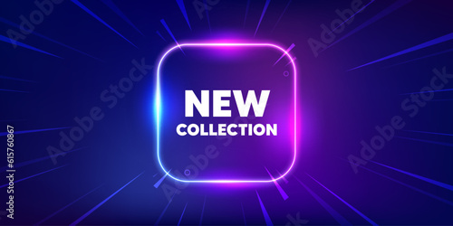 New collection tag. Neon light frame box banner. New fashion arrival sign. Advertising offer symbol. New collection neon light frame message. Vector