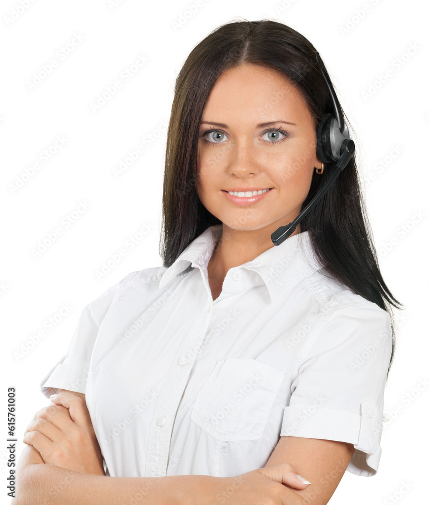 Beautiful young brunette businesswoman customer service agent Beautiful young brunette businesswoman customer service agent
