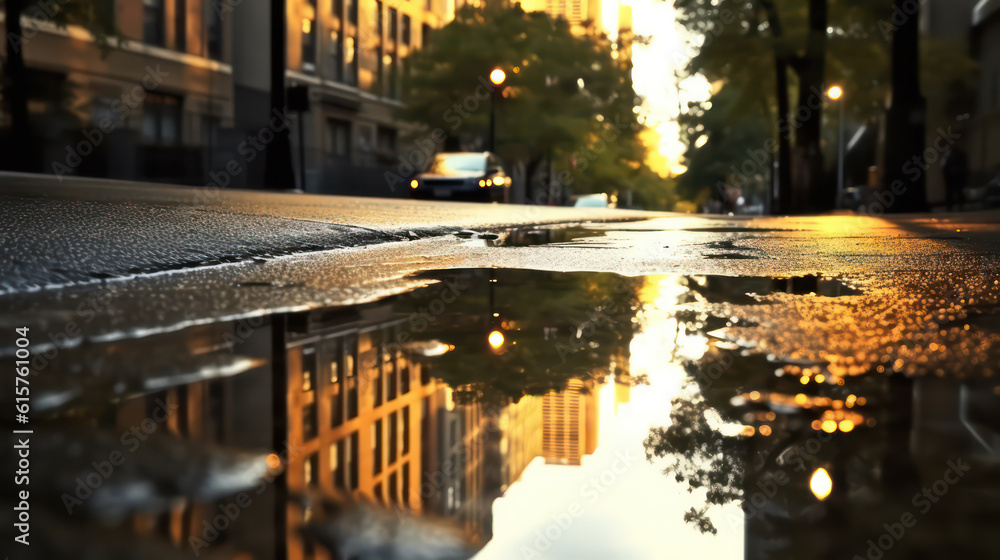 Rain puddles with reflections. Urban or natural scenes with twisted shapes and colors. A stunning image of water and light AI Generative
