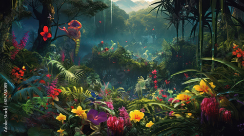 A jungle scene with relentless rain and mist. Tropical flowers and ferns shine in the wetness. A mysterious and adventurous world to explore AI Generative