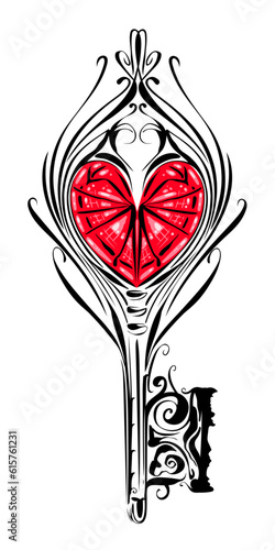 Schlüssel zum Herzen mit Herz und Edelstein. Vektor für Verliebte, Romantiker, Herzensbrecher, Verführer, Geliebte, Männer und Frauen, zum JGA, Verlobung, Valentinstag und zur Hochzeit.