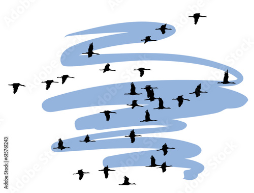 Wildgänse Kraniche Vögel. Wildgänse Vogelzug über stilisierten Himmel, Vektorillustration mit fliegenden Zugvögeln und Wolken.