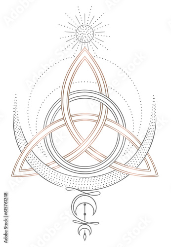 Keltischer Knoten. Trinity Symbol Triqueta Triquetra mit Sonne und Monden.. Pagan und Wicca Art.