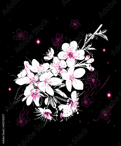 Kirschblüten Sakura Frühling. Florale Vektorzeichnung weißer Kirschblütenzweig mit rosa Akzenten auf schwarzem Hintergrund