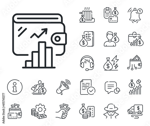 Money account statistics sign. Cash money, loan and mortgage outline icons. Wallet line icon. Cash budget symbol. Wallet line sign. Credit card, crypto wallet icon. Inflation, job salary. Vector