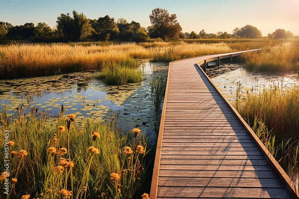 Wetland restoration area with boardwalks for visitors, Natural climate solutions, nature background Generative AI