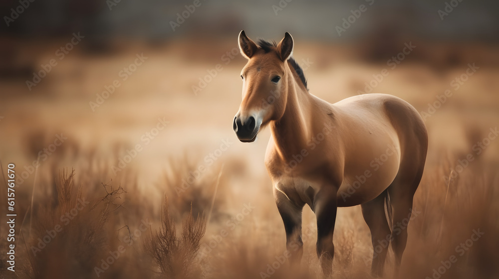 Obraz premium Przewalski's Horses in the Temperate Grasslands. Generative AI