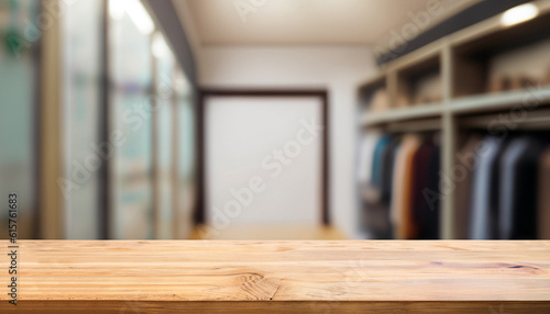 Empty wooden table on a background blur closet in the room for display or montage your products