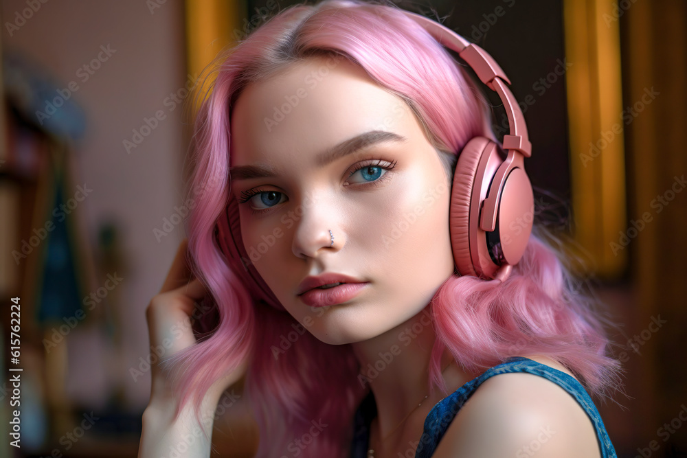 Ravishing Pink Melody: A Young and Beautiful Woman Rocks Vibrant Hair, Jamming with Wireless Headphones, ai ghenerative Ravishing Pink Melody: A Young and Beautiful Woman Rocks Vibrant Hair, Jamming with Wireless Headphones, ai ghenerative