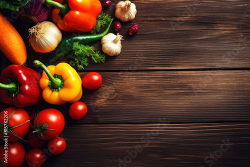 Vegetables on a wooden background, top view. Background with copy space. AI generative.