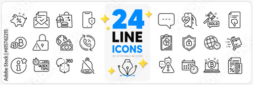 Icons set of Lock, Thumb down and Food delivery line icons pack for app with Shield, Cardio training, Auction hammer thin outline icon. Info, Warning, Quick tips pictogram. Credit card. Vector