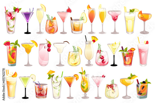 Collection of cocktails. Summer refreshing drinks with various fruits and berries. Vector illustration.