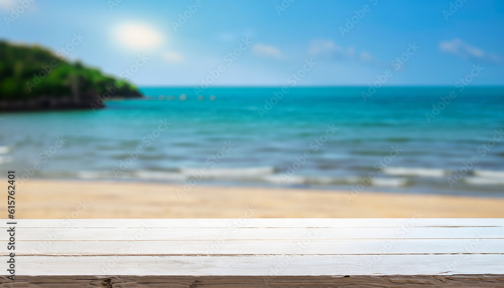White wooden table top on blur the blue sea or beach. Summer daytime concept. For montage product display or design key visual layout. View of copy space.