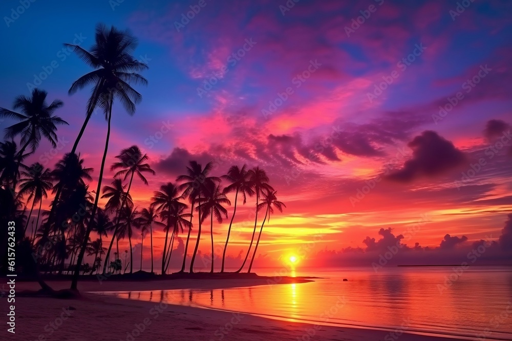 Colorful Tropical Ocean Sunset with Silhouettes of Coconut Palm Trees. AI