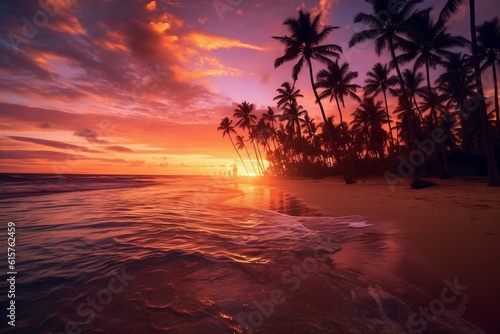 Colorful Tropical Ocean Sunset with Silhouettes of Coconut Palm Trees. AI