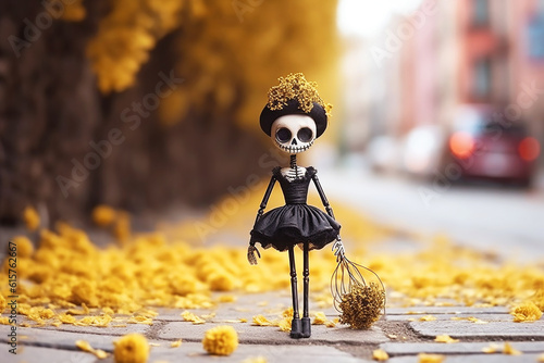 Cute skeleton in a black dress on autunm yellow street. Generative AI. photo