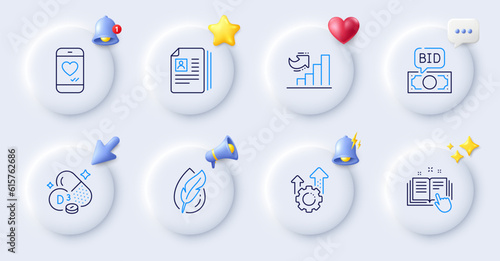 Technical documentation, Bid offer and Love chat line icons. Buttons with 3d bell, chat speech, cursor. Pack of Cv documents, Hypoallergenic tested, Seo gear icon. Vector