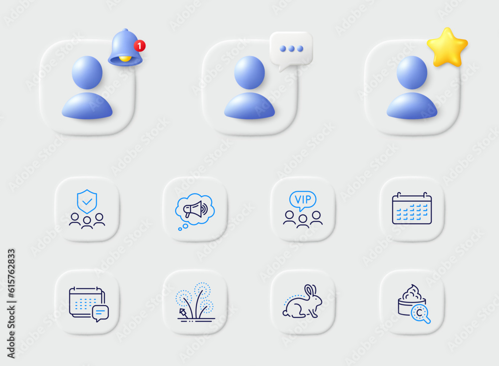 Megaphone, Message and Security agency line icons. Placeholder with 3d star, reminder bell, chat. Pack of Vip clients, Fireworks, Collagen skin icon. Calendar, Animal tested pictogram. Vector Megaphone, Message and Security agency line icons. Placeholder with 3d star, reminder bell, chat. Pack of Vip clients, Fireworks, Collagen skin icon. Calendar, Animal tested pictogram. Vector