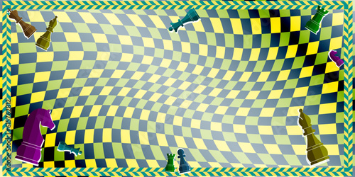Green yellow chequered square pattern. Wavy strips texture with decorative frame. Chess pieces icons.
