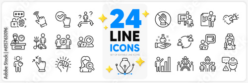 Icons set of Presentation time, Discrimination and Engineering team line icons pack for app with Love message, Business choice, Biometric security thin outline icon. Vaccination. Vector