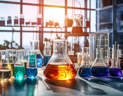 View of table in chemical laboratory full of chemical glass and different colored liquids