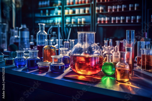 View of table in chemical laboratory full of chemical glass and different colored liquids