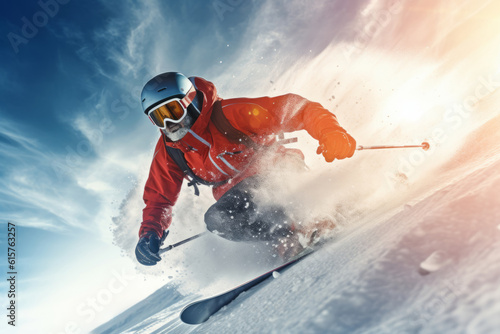 Skier in red jacket is quickly going down snowy slope in beautiful sunny weather