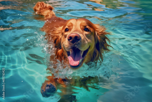 puppy dog funny underwater swimming vacation snorkeling water fun pool. Generative AI. © VICHIZH