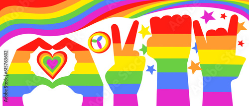 Various hands with rainbow pattern in different poses with LGBT flag and colorful symbols on the background. LGBT pride Gay and Lesbian concept