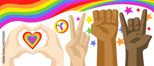 Various skin colors hands in different poses with LGBT rainbow flag and colorful symbols on the background. LGBT pride Gay and Lesbian concept