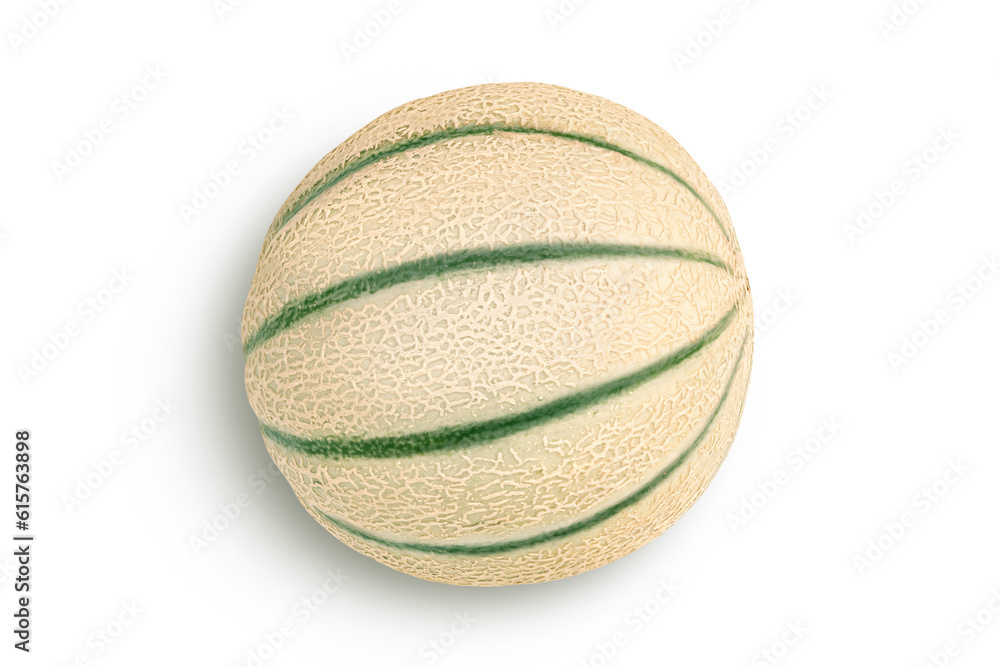 Cantaloupe melon isolated on white background with full depth of field. Top view. Flat lay. Cantaloupe melon isolated on white background with full depth of field. Top view. Flat lay.