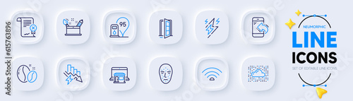 Petrol station, Face biometrics and Reject certificate line icons for web app. Pack of Creativity concept, Saving electricity, Lightning bolt pictogram icons. Marketplace, Incoming call. Vector