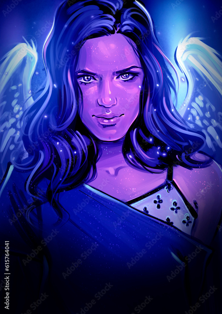 Beatiful illustration of pretty young woman with angel wings. Poster, banner, cover background