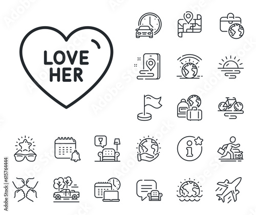 Sweet heart sign. Plane jet, travel map and baggage claim outline icons. Love her line icon. Valentine day symbol. Love her line sign. Car rental, taxi transport icon. Place location. Vector