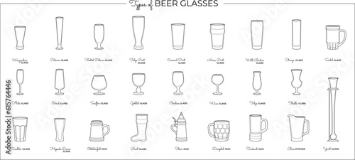 Vector set of alcohol beer glasses and mugs. Vector line art bar illustration