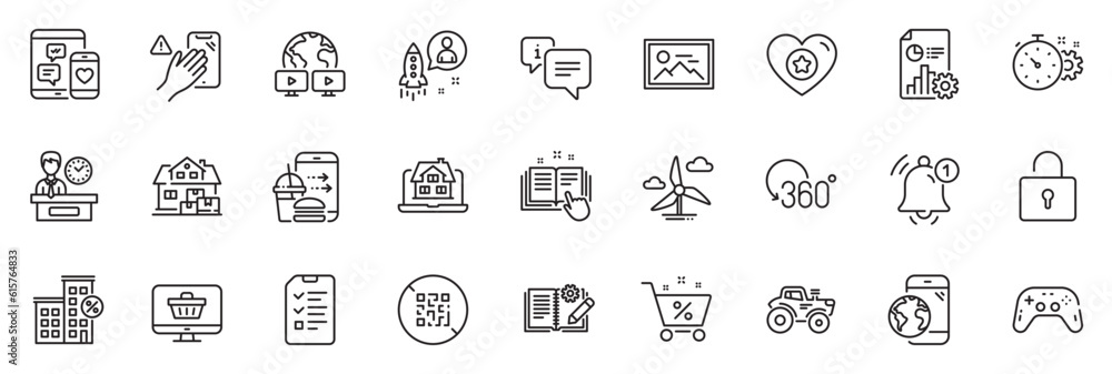 Icons pack as Presentation time, Loan house and Info line icons for app include Tractor, Photo, Home moving outline thin icon web set. Mobile internet, Report, Windmill turbine pictogram. Vector