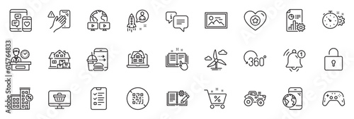 Icons pack as Presentation time, Loan house and Info line icons for app include Tractor, Photo, Home moving outline thin icon web set. Mobile internet, Report, Windmill turbine pictogram. Vector