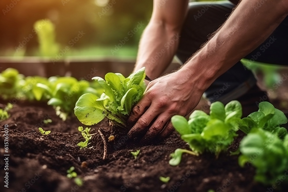 Farmer's Hand Planting Young Lettuce Seedlings in Vegetable Garden. AI - obrazy, fototapety, plakaty 